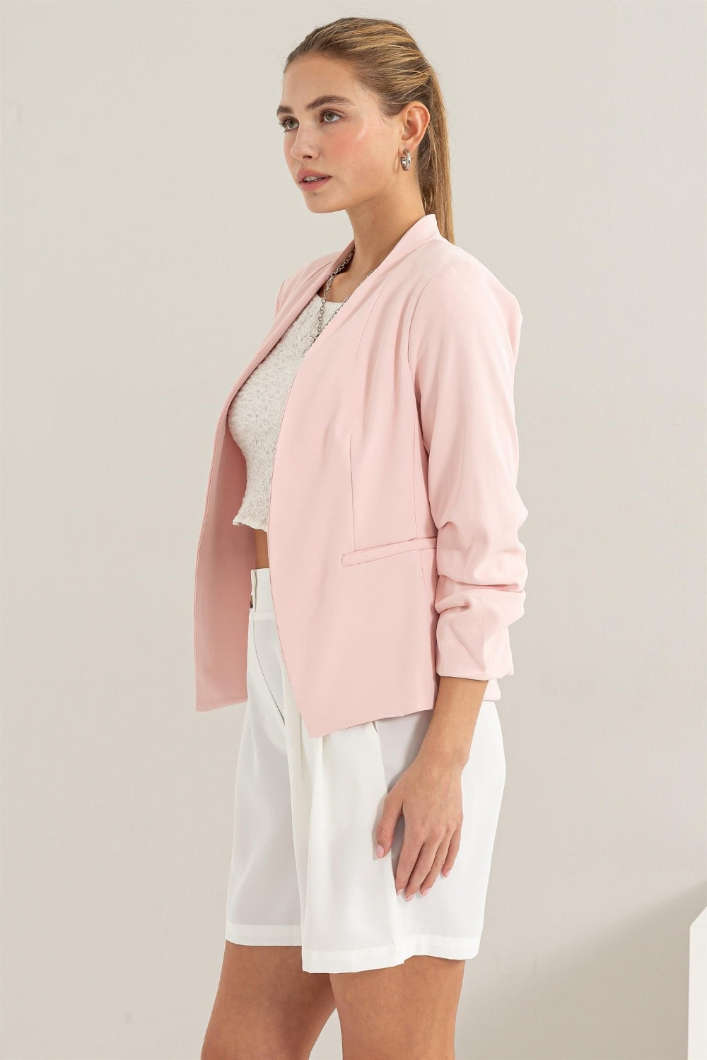 HYFVE Open Front Ruched Sleeve Blazer