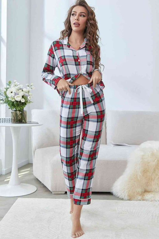 Plaid Button Front Top and Pants Lounge Set