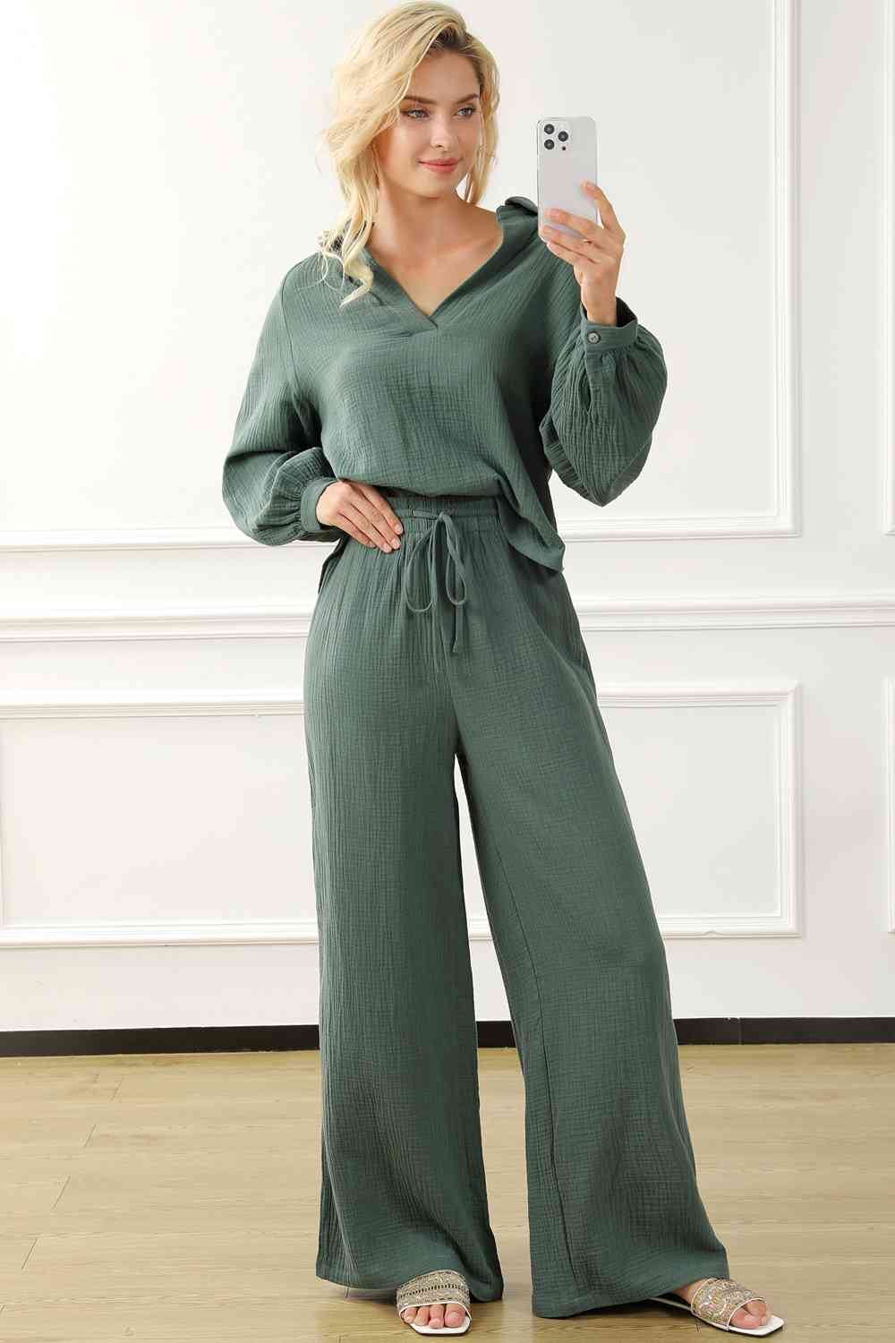 Collared Neck Top and Drawstring Pants Set