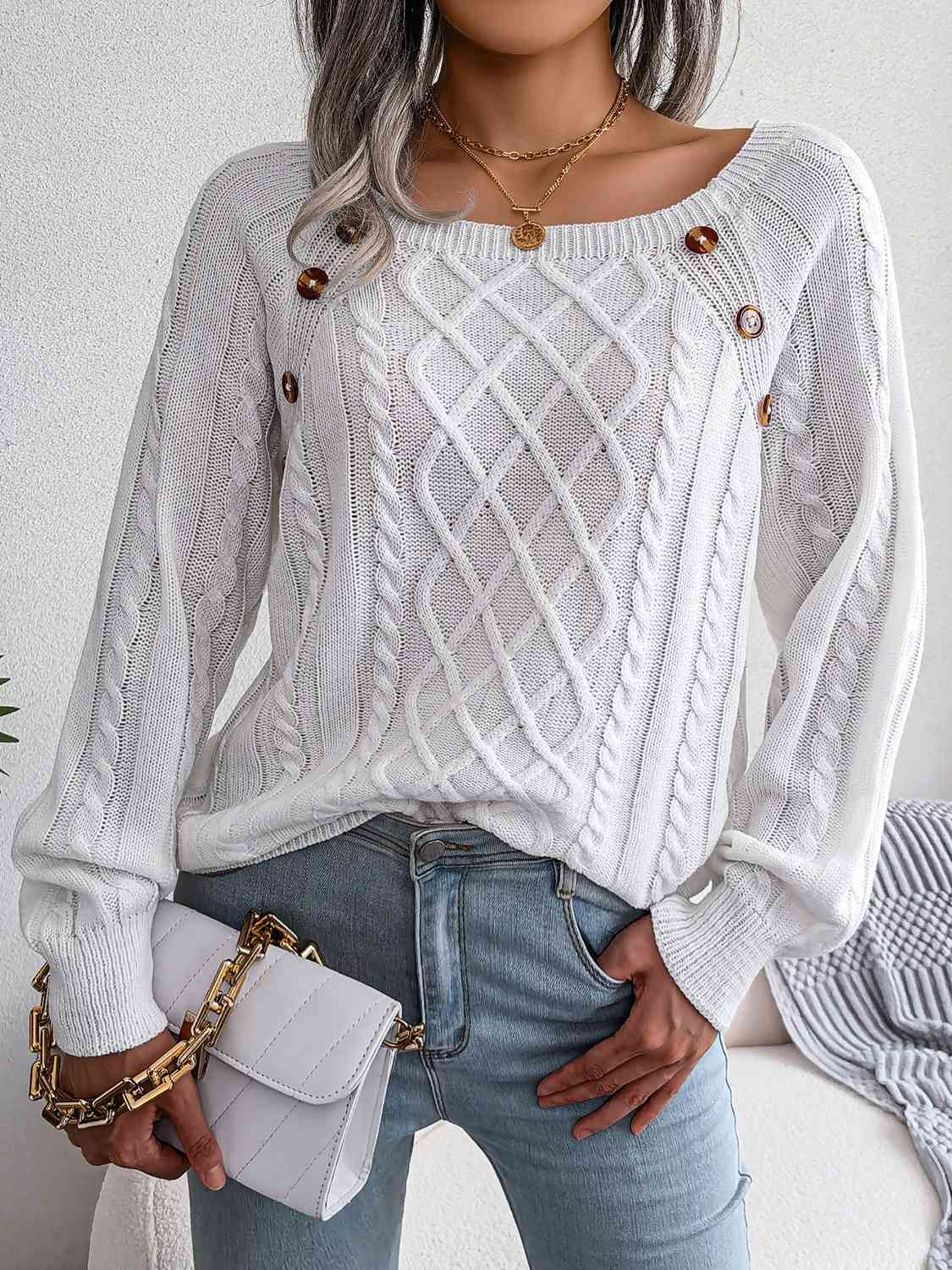 Decorative Button Cable-Knit Sweater