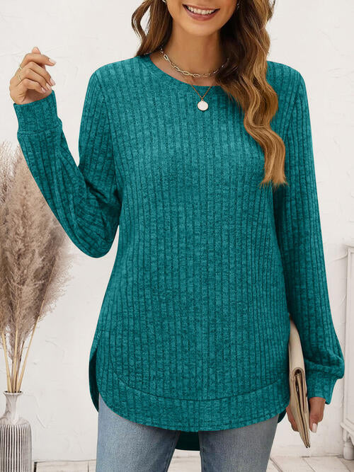 Ribbed Round Neck Long Sleeve T-Shirt