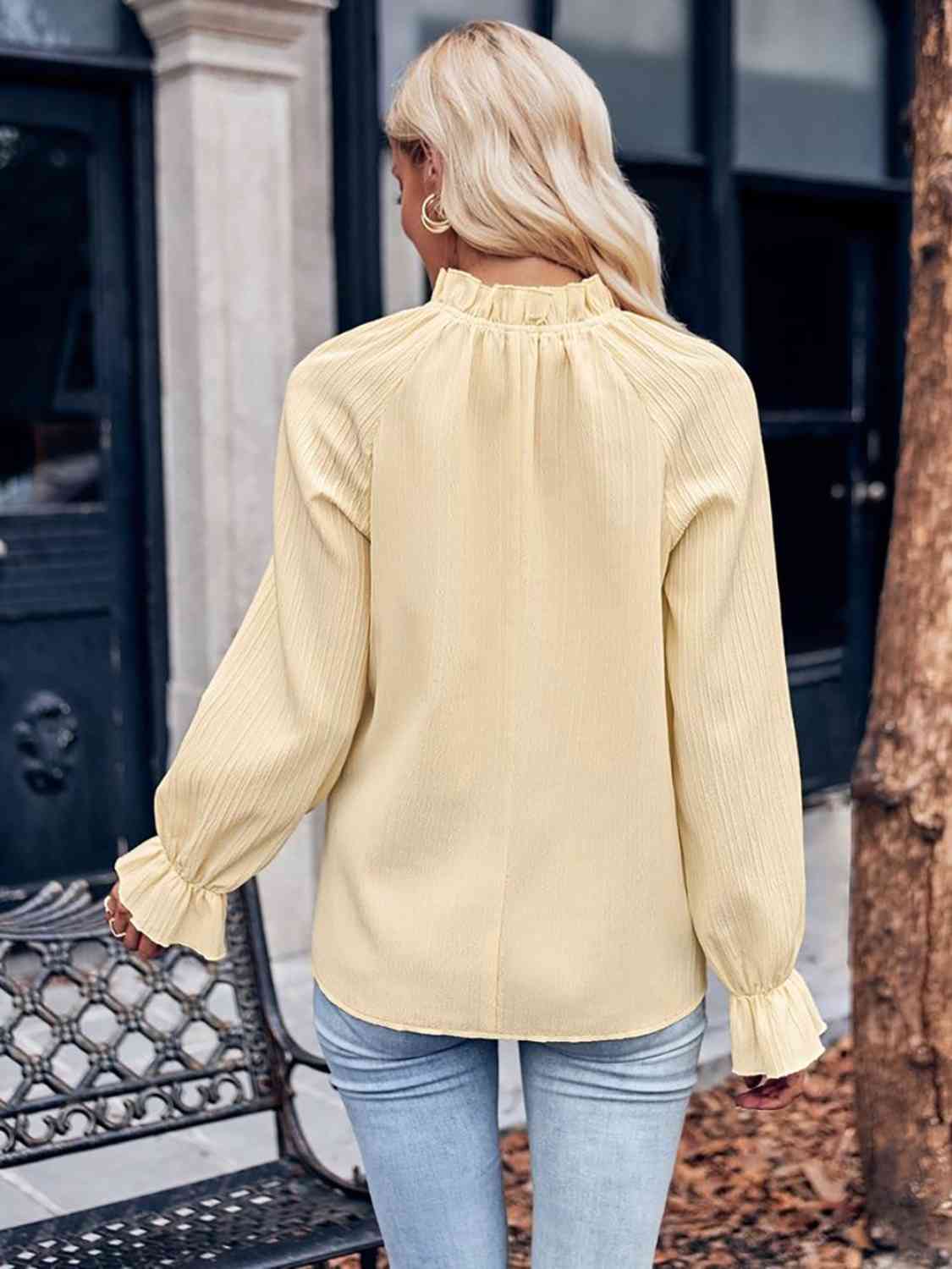 Mock Neck Flounce Sleeve Blouse