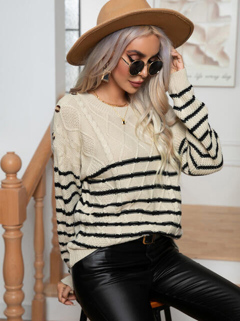 Striped Round Neck Cable-Knit Sweater